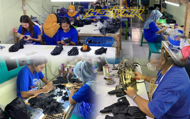 "Pabrik produksi sarung tangan motor berkualitas tinggi, dibuat oleh tenaga kerja profesional dengan teknik jahitan presisi. Sarung tangan riding ini dirancang untuk kenyamanan dan perlindungan maksimal. HOLWAR – Art of Ride."