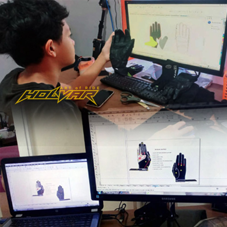 "Proses desain sarung tangan motor dengan teknologi digital untuk memastikan kenyamanan dan keamanan terbaik bagi pengendara. Desain inovatif dari HOLWAR – Art of Ride."